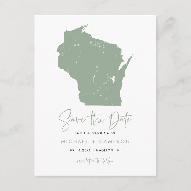 Sage Green Wisconsin Map Modern Save the Date Ankündigungspostkarte (Vorderseite)