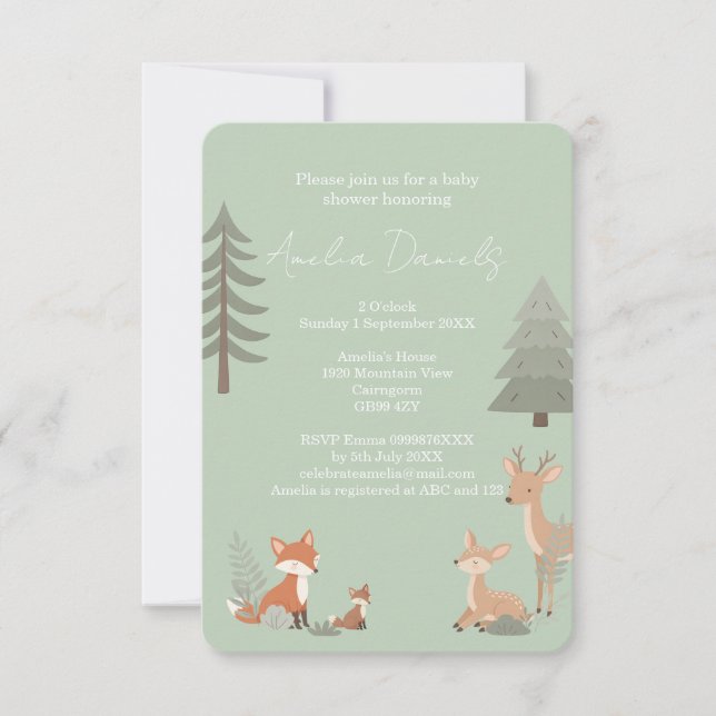Sage Green Woodland Animal Baby Shower Invitation Ankündigung (Vorderseite)