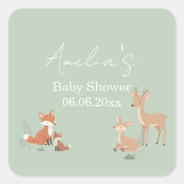 Sage Green Woodland Animal Baby Shower Quadratischer Aufkleber