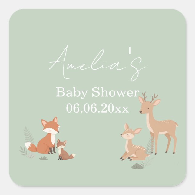 Sage Green Woodland Animal Baby Shower  Quadratischer Aufkleber (Vorderseite)