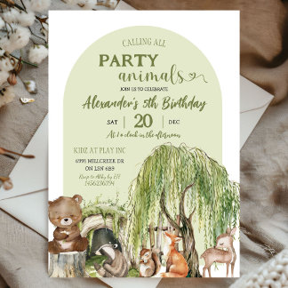 Sage Green Woodland Party Tiere Junge Geburtstag Einladung