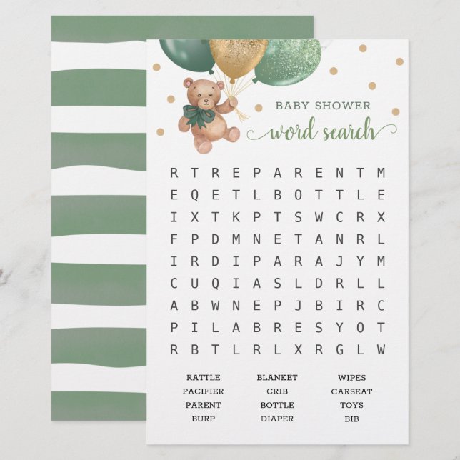 Sage Green Word Search Scramble Game Teddy Bären (Vorne/Hinten)