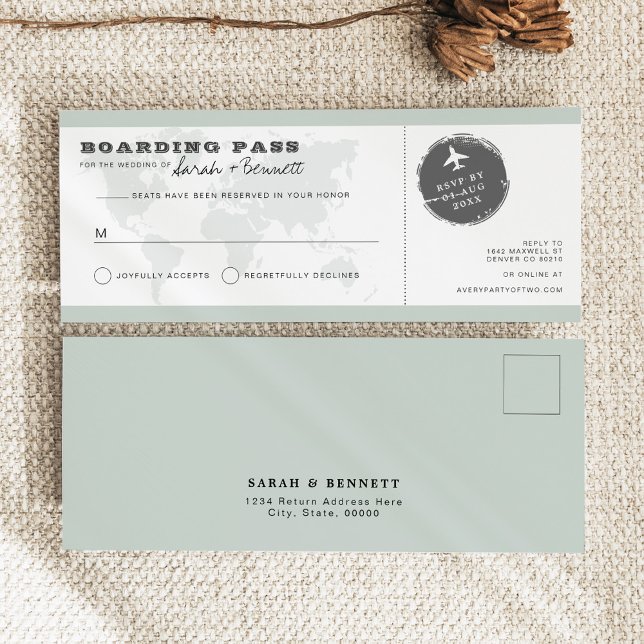 Sage Green World Map Boarding Pass RSVP Card Einladung (Von Creator hochgeladen)