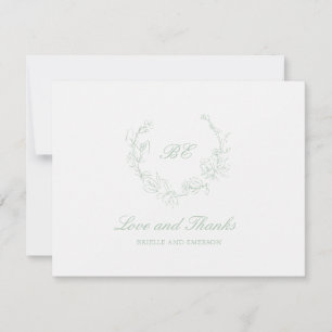 Sage Green Wreath Monogram Foto Elegante Hochzeit Dankeskarte