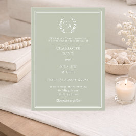Sage green wreath monogram simple wedding einladung