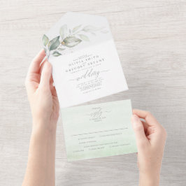 Sage Greenery and Gold Blätter Elegante Hochzeit All In One Einladung