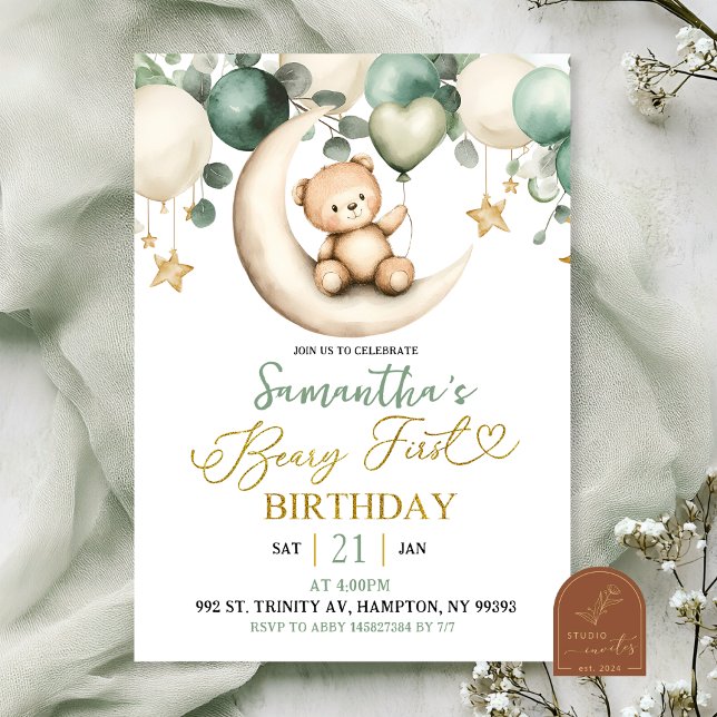Sage Greenery Beary Erster Geburtstag Einladung (Von Creator hochgeladen)