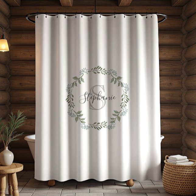 Sage Greenery Botanical Wreath Monogram Duschvorhang (Von Creator hochgeladen)