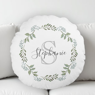 Sage Greenery Botanical Wreath Monogram Rundes Kissen