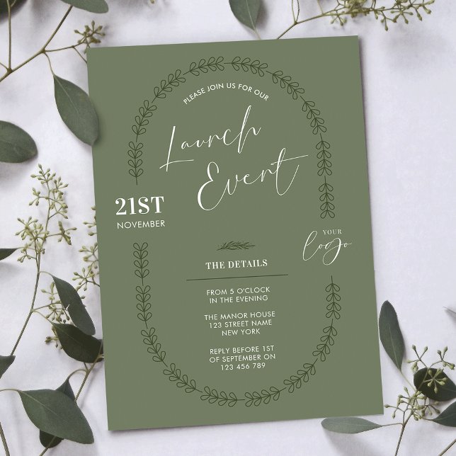 Sage Greenery Elegant Salon Einladung (Elegant sage green floral motif business launch invitation with space for your logo)