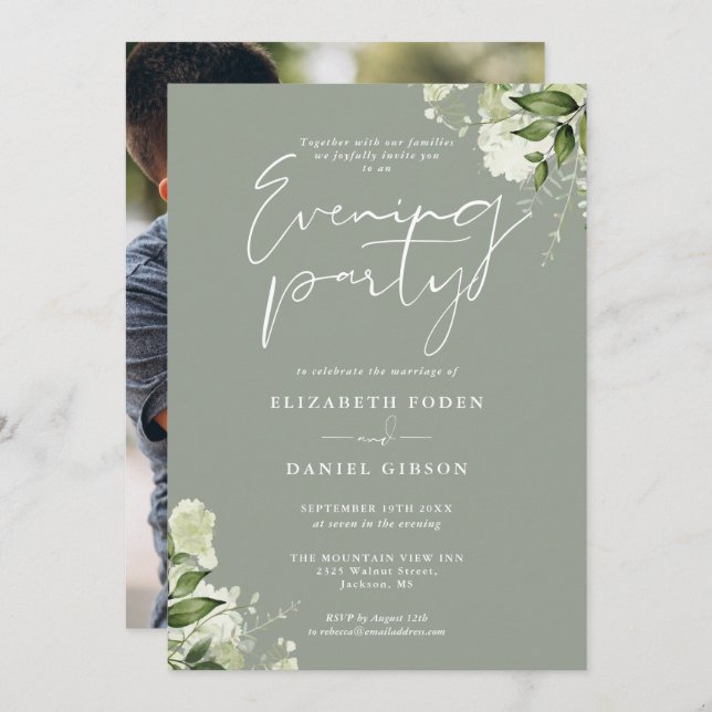 Sage Greenery Floral Foto Wedding Abend Party Einladung (Vorne/Hinten)
