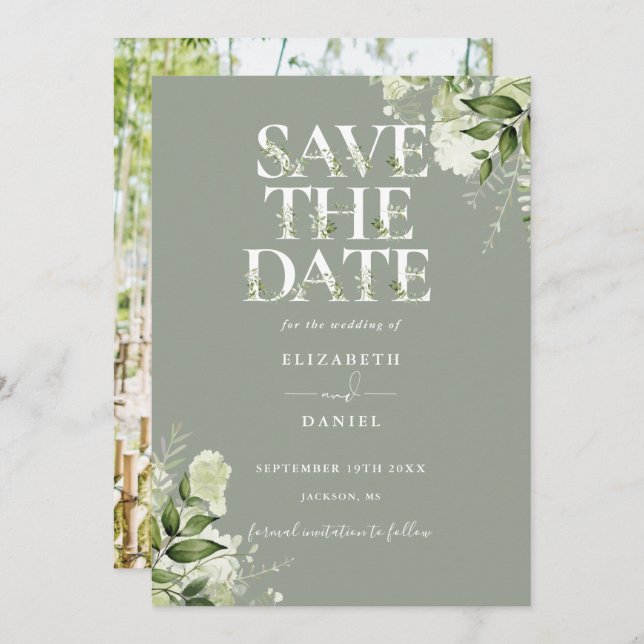 Sage Greenery Floral Typografy Foto Wedding Save The Date (Vorne/Hinten)