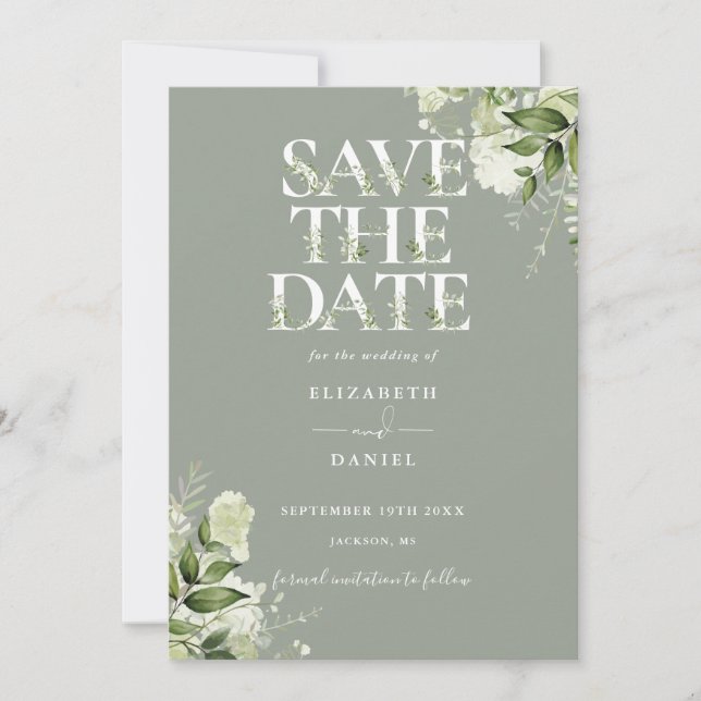 Sage Greenery Floral Typografy Wedding Save The Date (Vorderseite)