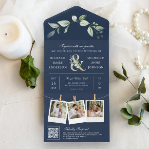 Sage Greenery Gold Ampersand QR Code Navy Hochzeit All In One Einladung
