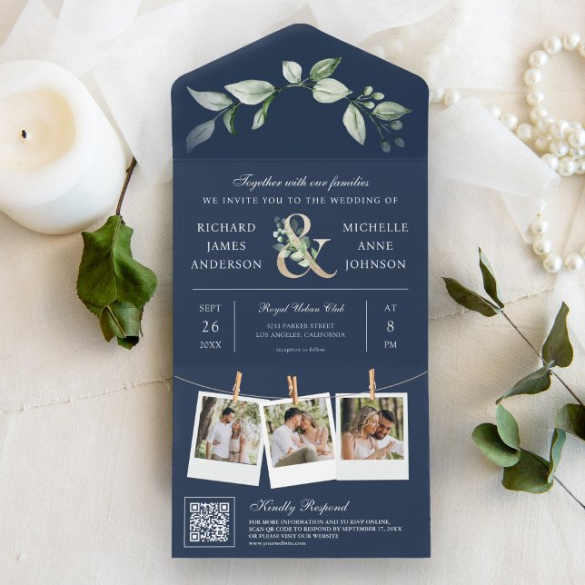Sage Greenery Gold Ampersand QR Code Navy Hochzeit All In One Einladung (Von Creator hochgeladen)