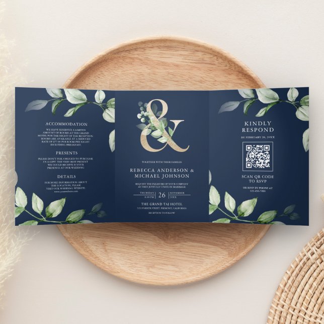 Sage Greenery Gold Ampersand QR Code Navy Hochzeit Dreifach Gefaltete Einladung (Von Creator hochgeladen)