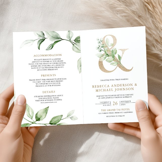 Sage Greenery Gold Ampersand QR Code Wedding Einladung (Von Creator hochgeladen)
