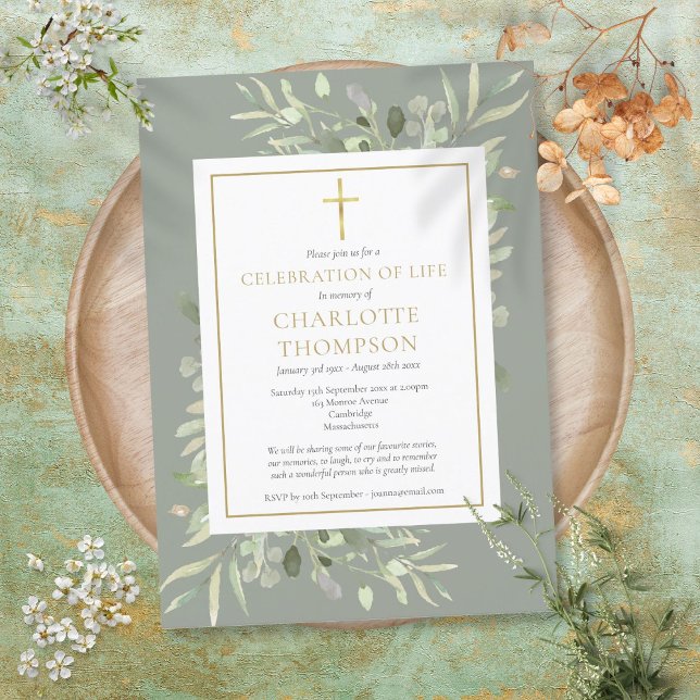 Sage Greenery Gold Christliche Feier des Lebens Einladung (Sage Greenery Gold Christian Celebration of Life Invitation)