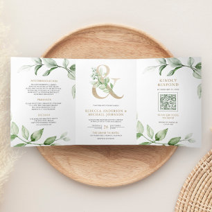 Sage Greenery Gold Et-Zeichen QR-Code Hochzeit Dreifach Gefaltete Einladung