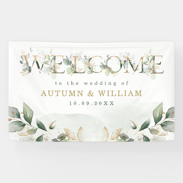 Sage Greenery Gold Garden Wedding Party Willkommen Banner (Horizontal)