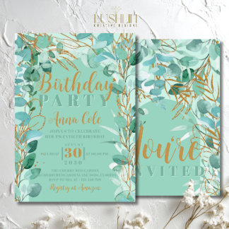 Sage Greenery Leaves Birthday Elegant Modern Einladung