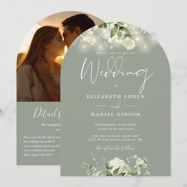 Sage Greenery Lights QR Foto Arch Wedding Einladung (Vorne/Hinten)