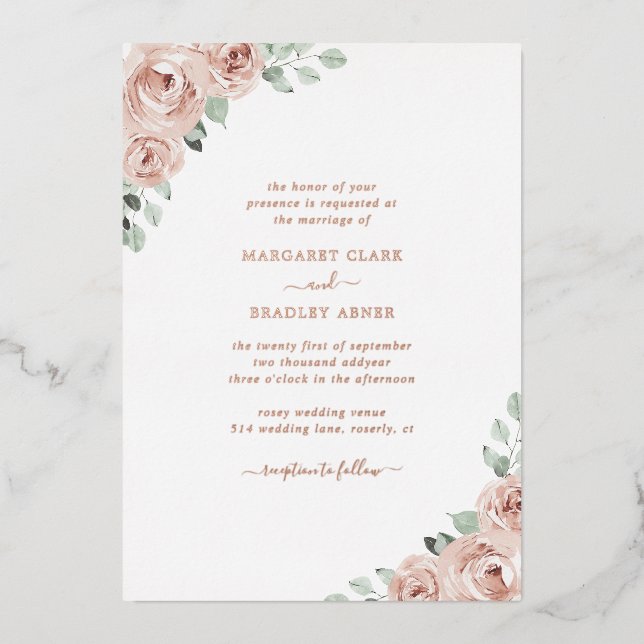 Sage Greenery Pink Floral Dusty Rose Gold Wedding Folieneinladung (Vorderseite)