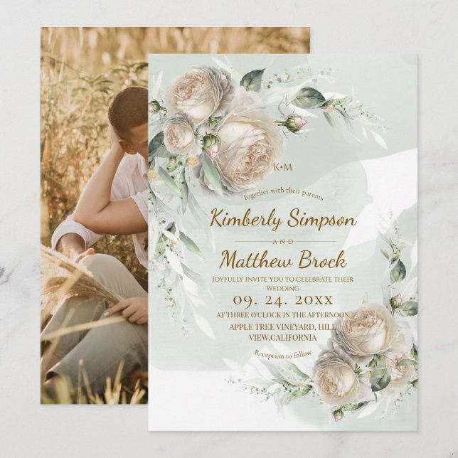 Sage Greenery Rose Wedding Einladung (Vorne/Hinten)