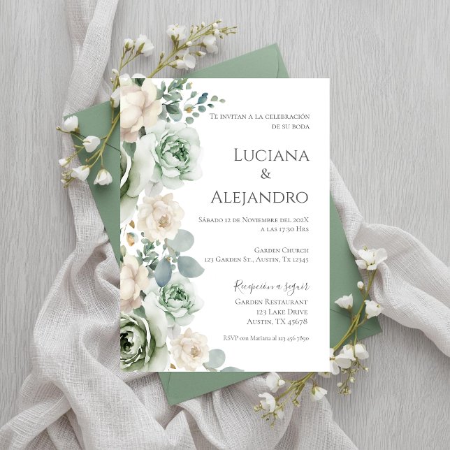 Sage Greenery Spanish Wedding Einladung (Von Creator hochgeladen)