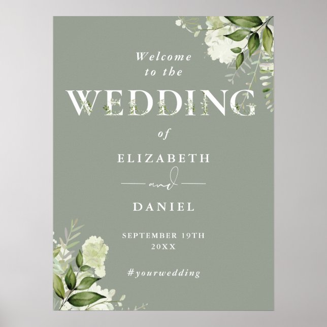 Sage Greenery Typografie Wedding Willkommenszeiche Poster (Vorne)