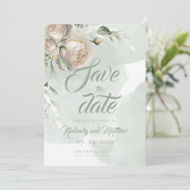 Sage Greenery White Rose Wedding Save The Date (Stehend Vorderseite)