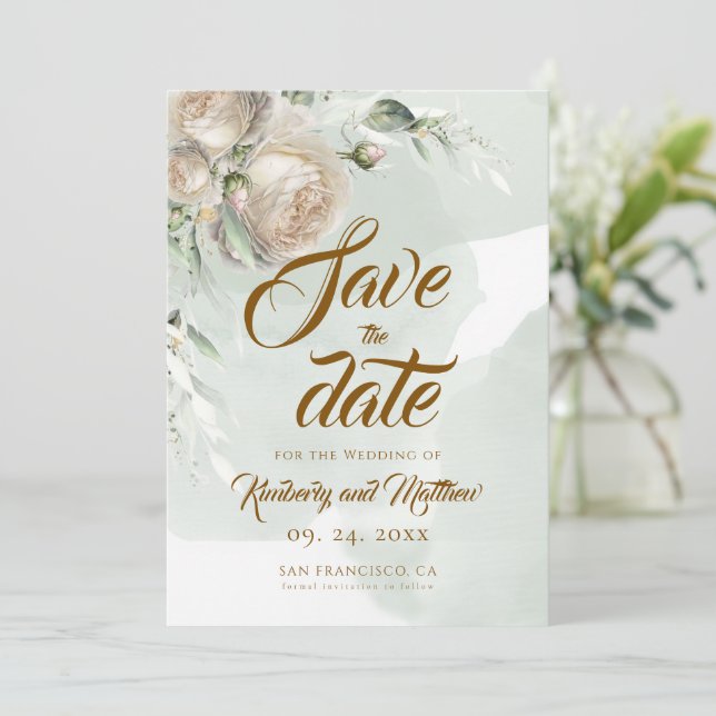 Sage Greenery White Rose Wedding Save The Date (Stehend Vorderseite)