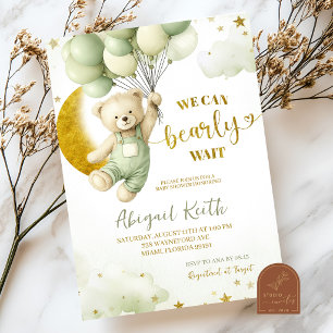 Sage-Grün-Bär und Ballon-Junge-Baby-Party Einladung