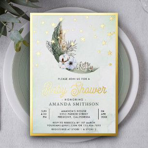 Sage Grün Boho Blumen Mond Sterne Babyparty Gold Folieneinladung
