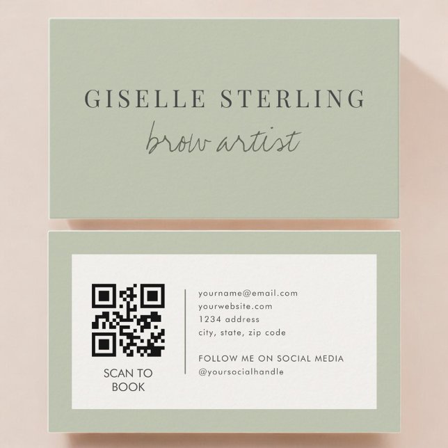 Sage-Grün-Brauenkünstler-QR-Code Visitenkarte (Von Creator hochgeladen)