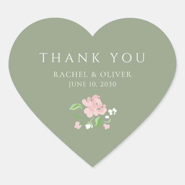 Sage Grün | Chic Blush Hochzeit Danke Herz-Aufkleber (Vorderseite)