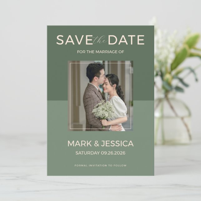 Sage-Grün doppelte Glückseligkeit Hochzeit Save The Date (Stehend Vorderseite)