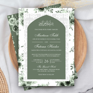 Sage Grün Floral Weiß Spitze Bogen Muslimische Hoc Einladung