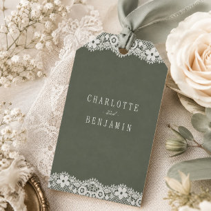 Sage Grün Florale Vintage-Spitze Hochzeit Geschenkanhänger