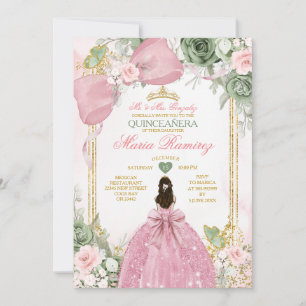 Sage Grün Florales Rosa Kleid Prinzessin Quinceañe Einladung
