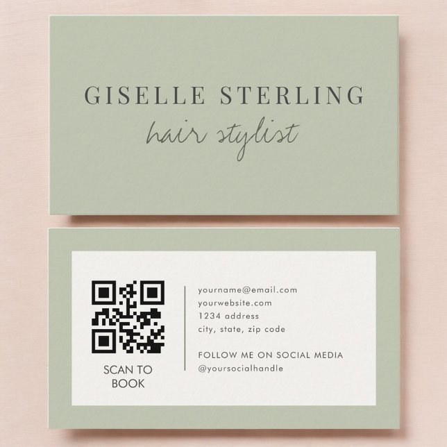 Sage-Grün-Friseur-QR-Code Visitenkarte (Von Creator hochgeladen)