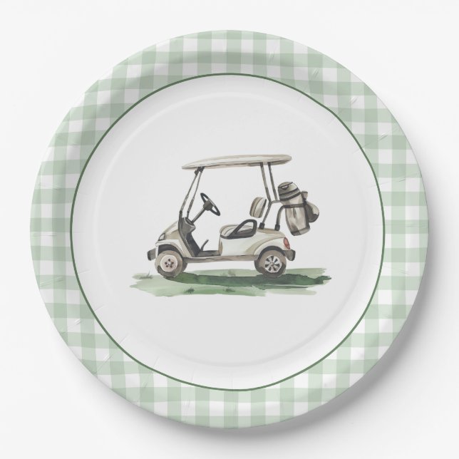 Sage Grün Gingham Golf Neu im Club Pappteller (Vorderseite)