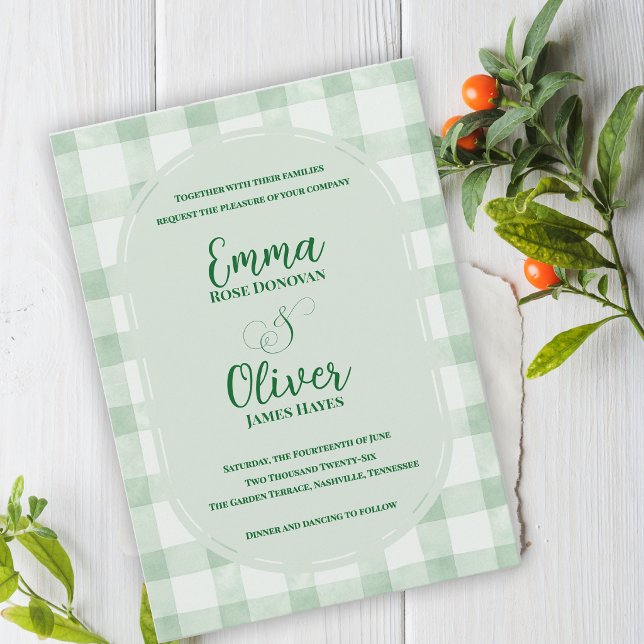 Sage-Grün-Gingham-Hochzeitsgartenparty Einladung (Sage Green Gingham Wedding Invitation | Garden Party Wedding Invite )