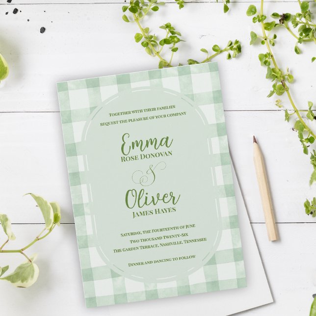 Sage-Grün-Gingham-Hochzeitsgartenparty Einladung (Sage Green Gingham Wedding Invitation | Garden Party Wedding Invite)