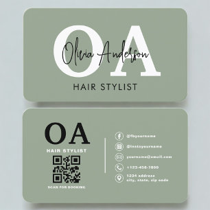 Sage-Grün-Hairstylist-Monogramm-QR-Code Visitenkarte