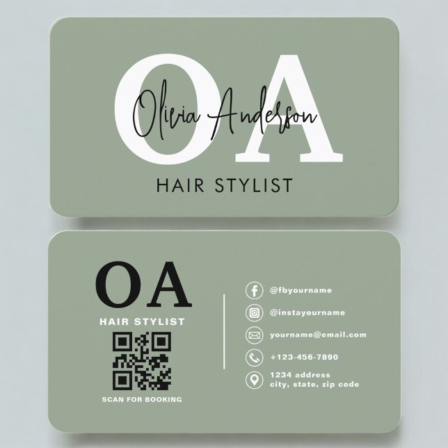 Sage-Grün-Hairstylist-Monogramm-QR-Code Visitenkarte (Von Creator hochgeladen)