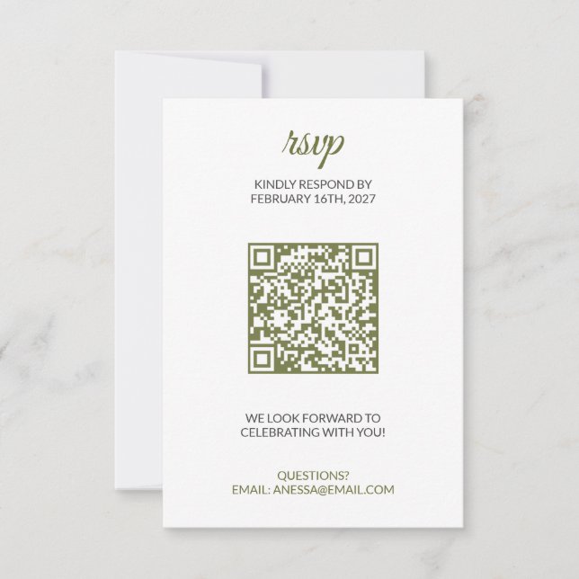 Sage Grün Hochzeit RSVP mit QR-Code Karte (Vorderseite)