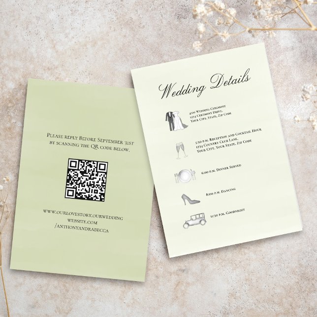 Sage Grün Hochzeitsdetails QR-Code Zeitachse Karte (Elegant sage green wedding details card with timeline layout and soft calligraphy script)