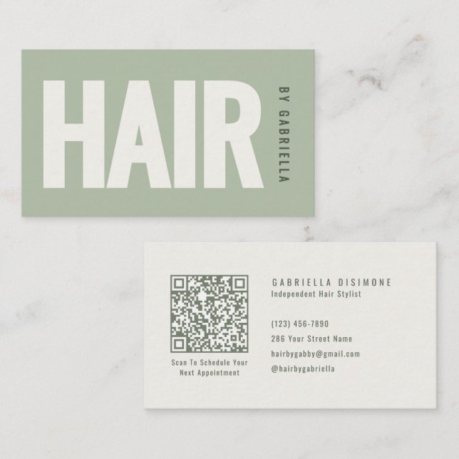 Sage-Grün-Minimalist-Haarstylist-QR-Code Visitenkarte (Vorne/Hinten)