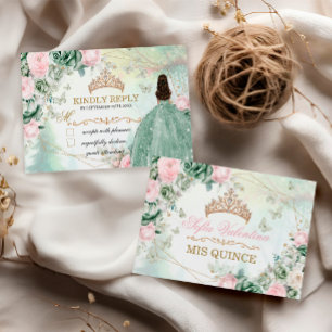 Sage Grün Pink Glitzerndes Kleid Quinceanera 15 Ja Mitteilungskarte